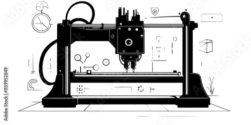 A complex mechanical assembly being built layer by layer with a 3D printer, Vector Graphic