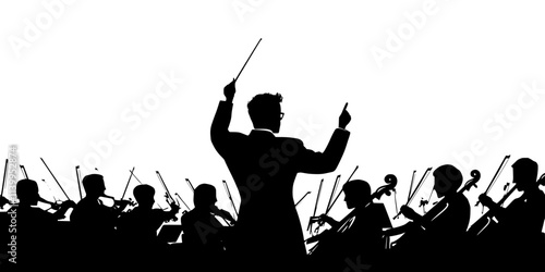 A conductor leading an orchestra through a complex musical composition during practice, Vector Graphic