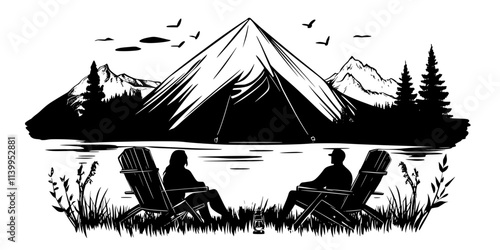 Couple sitting on chairs outside a furnished tent in a scenic location, Vector Graphic