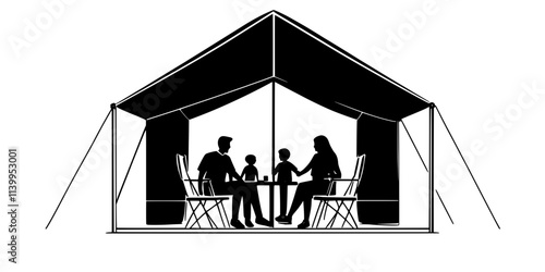 Family relaxing outside a spacious tent in a designated glamping zone, Vector Graphic