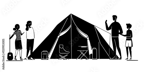Family gathering around a large tent with visible modern camping equipment, Vector Graphic