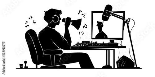 A foley artist recording everyday objects to create custom sound effects for media projects, Vector Graphic