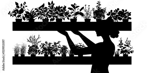 A gardener arranging various herbs in a vertical garden setup against a garden wall, Vector Graphic