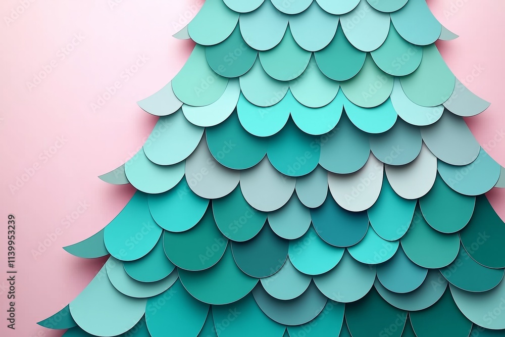 Layered green cardstock Christmas tree on a soft pastel pink background with modern lighting Layered green cardstock Christmas tree on a soft pastel pink background with modern lighting