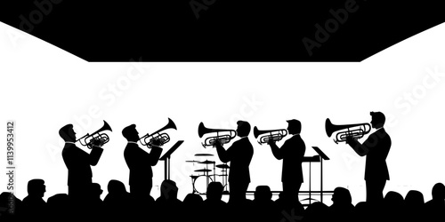 A group of brass players rehearsing a fanfare in a large auditorium, Vector Graphic