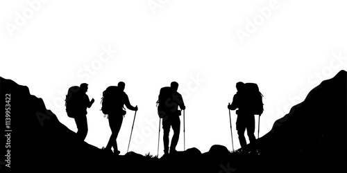 A group of backpackers trekking through a valley with visible mountains ahead, Vector Graphic