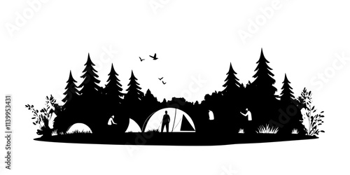 A group of campers setting up tents on flat ground with surrounding forest, Vector Graphic