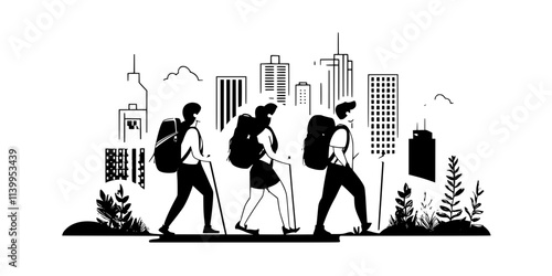 Group of friends hiking through city streets with backpacks, Vector Graphic