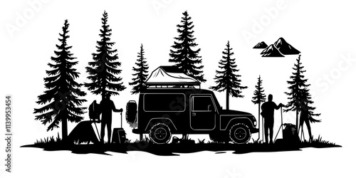 A group of friends arranging their gear near a vehicle at a forested campsite, Vector Graphic