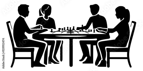 A group of friends sitting around a table, each carefully placing pieces on the board, Vector Graphic