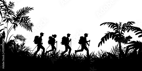 A group of friends trekking through a dense wilderness with no clear path visible, Vector Graphic