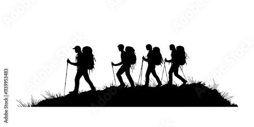 Group of hikers trekking uphill on a narrow path with visible rocky terrain, Vector Graphic