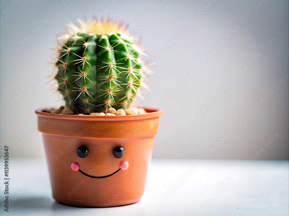 A cute, smiling cactus in a tiny pot; a miniature tilt-shift scene. A cute, smiling cactus in a tiny pot; a miniature tilt-shift scene.