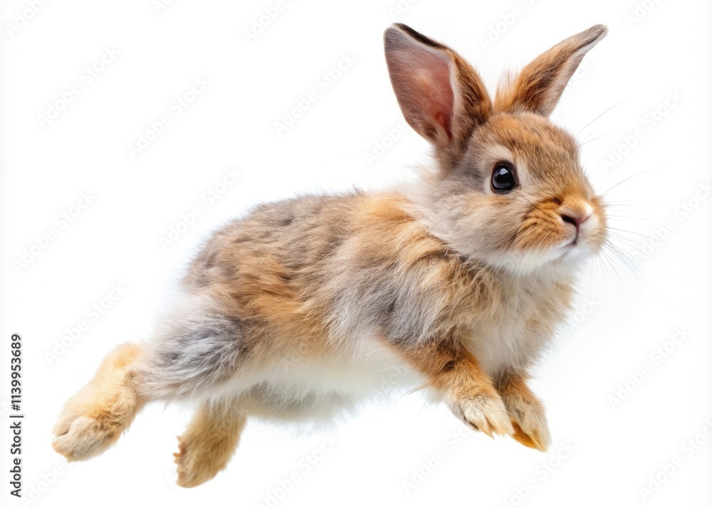 Fototapeta premium A charming, high-resolution photo of a white bunny rabbit in mid-leap, isolated on white, ideal for spring themes.