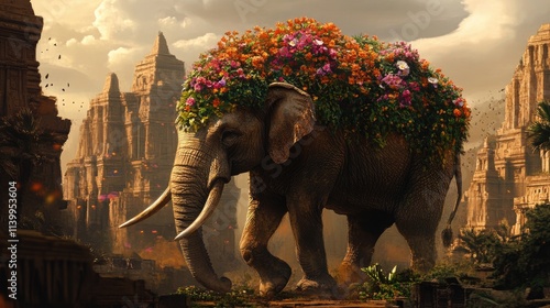 Majestic Elephant Adorned With Flowers Amidst Ancient Ruins photo