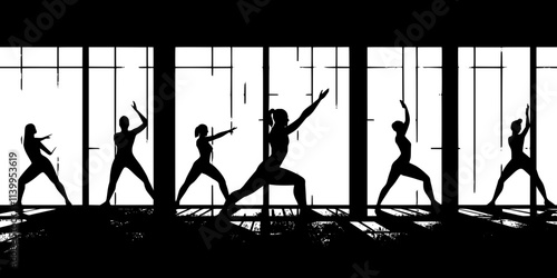 A group practicing warrior one pose in a heated room, hands reaching overhead, Vector Graphic