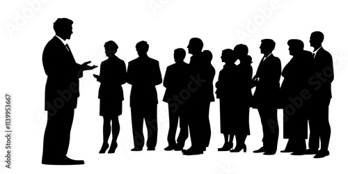 Group standing in front of a famous sculpture as a guide discusses its history, Vector Graphic