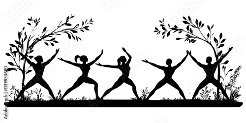 Group practicing warrior pose, maintaining stability on flat surface, Vector Graphic