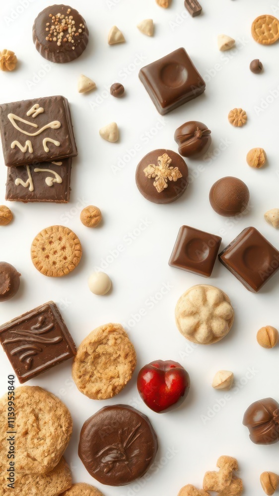 Assortment of chocolates and biscuits arranged on a pristine white surface, baking,tasty,sugar Assortment of chocolates and biscuits arranged on a pristine white surface, baking,tasty,sugar