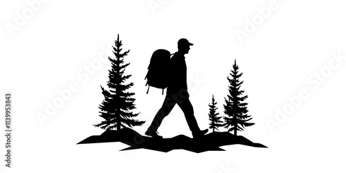 A hiker walking on a trail with visible mileage markers, Vector Graphic