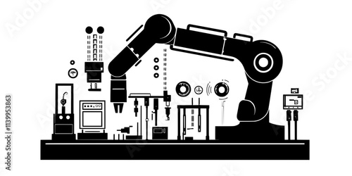 A heavy-duty industrial robot being designed for complex machining processes, Vector Graphic