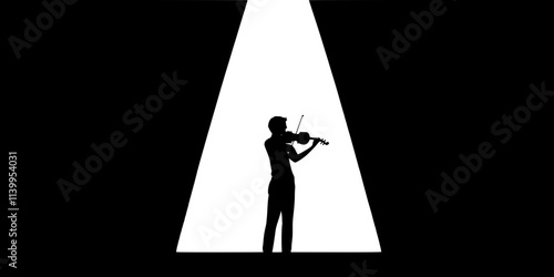 Musician performing solo on stage with a spotlight illuminating the violin, Vector Graphic