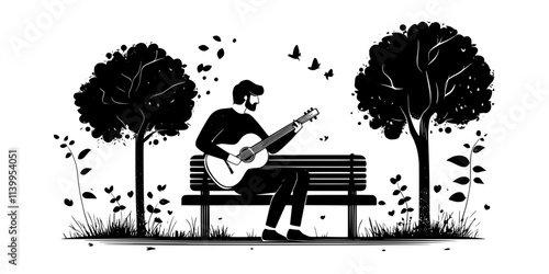 A musician playing an acoustic guitar while sitting on a park bench outdoors, Vector Graphic