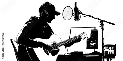 A musician recording guitar tracks in a soundproof studio with professional equipment, Vector Graphic