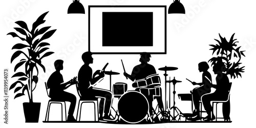 Musician teaching drumming techniques to students in a classroom, Vector Graphic