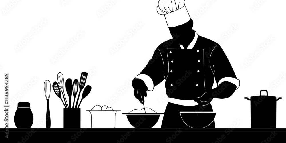 Pastry chef assembling ingredients on a countertop beside various utensils, Vector Graphic