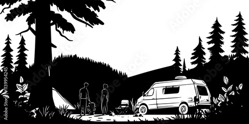 A pair of campers organizing their gear next to a vehicle near a forest, Vector Graphic