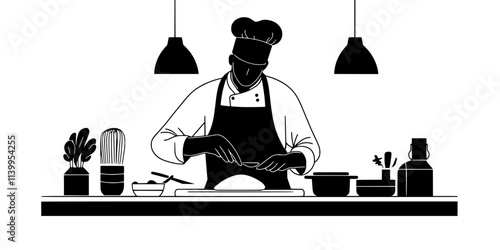 Pastry chef folding dough around filling on a well-lit workspace, Vector Graphic