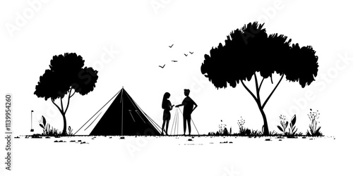 A pair of campers assembling a tent on flat ground with trees in the distance, Vector Graphic