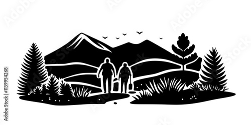 A pair of hikers walking down a long-distance trail through diverse environments, Vector Graphic