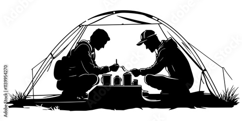 A pair of campers organizing gear inside a tent on a flat, open area, Vector Graphic