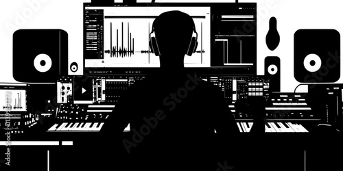 Musician adjusting gain levels to maintain instrument balance during playback, Vector Graphic