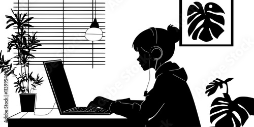 A person attending an online language class using their laptop, Vector Graphic