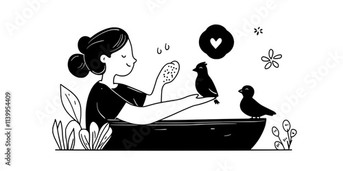 A person bathing a bird, gently applying water to maintain hygiene and health, Vector Graphic