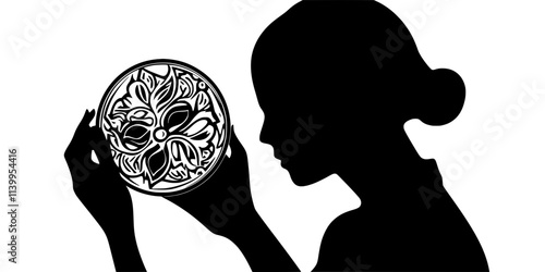 Person carefully examining the detailed engravings on a gold coin, Vector Graphic