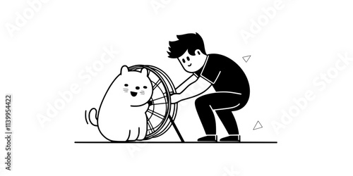 A person checking a hamster wheel for proper installation to prevent injury during exercise, Vector Graphic