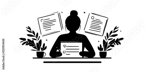 Person completing grammar drills for a language class assignment, filling out workbook, Vector Graphic