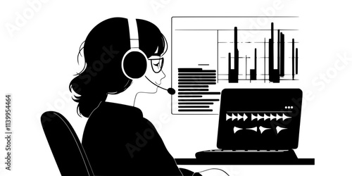 A person concentrating on foreign language audio clips during practice, Vector Graphic