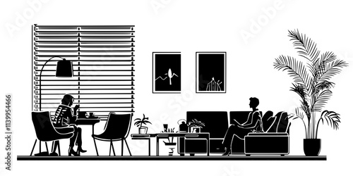 Person conversing with their host family in the living room during a homestay, relaxed atmosphere, Vector Graphic