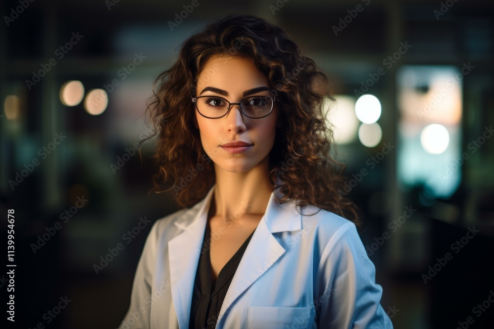 Confident young female doctor standing in hospital corridor at night, representing healthcare professionalism and expertise Confident young female doctor standing in hospital corridor at night, representing healthcare professionalism and expertise