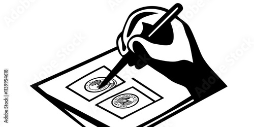 A person examining a revenue stamp using tweezers in a quiet study, Vector Graphic
