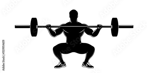 Person executing a front squat, holding the barbell across their shoulders and chest, Vector Graphic