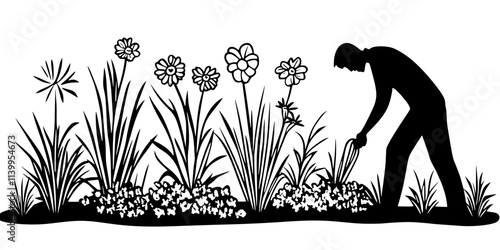 Person fertilizing the soil around perennials in a large garden bed, Vector Graphic