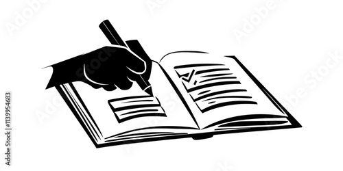 Person filling out grammar exercises in a language coursebook, pen on paper, Vector Graphic