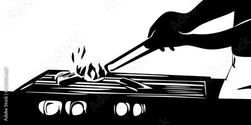 A person flipping food on a grill using tongs during outdoor cooking, Vector Graphic