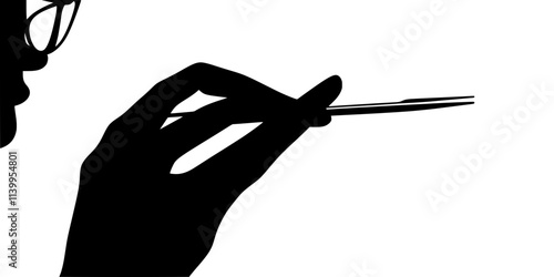 A person holding a rare stamp with tweezers, inspecting it closely, Vector Graphic